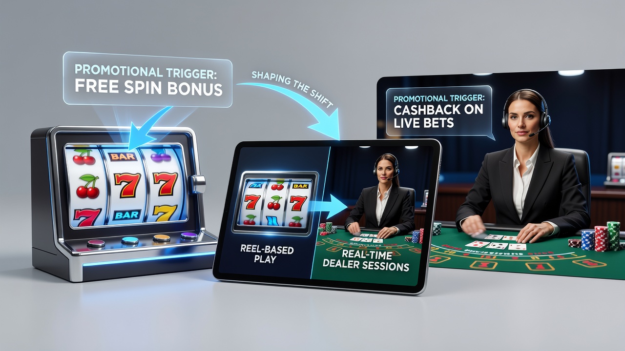 Nutzer wechselt auf einem Tablet zwischen Slot-Spiel und Live-Dealer-Tisch in einer Wett-App
